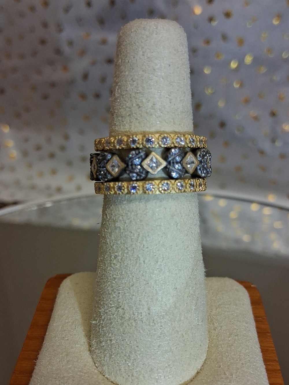 3 Piece Sterling Silver, 14kt Matte Gold, Black Rhodium and cz's